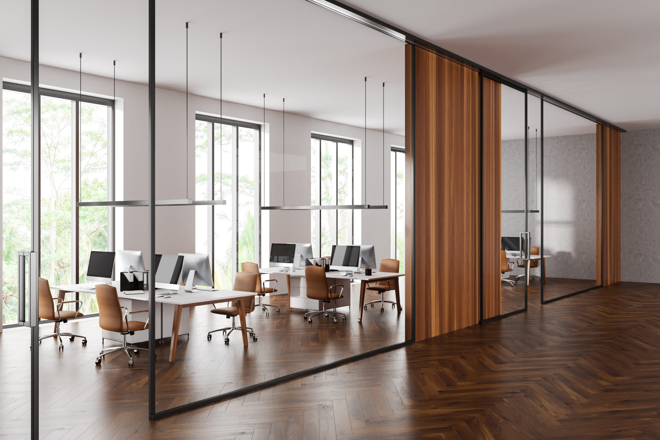 Corner of stylish open space office hall with white and glass walls, dark wooden floor, row of computer tables with brown chairs. 3d rendering